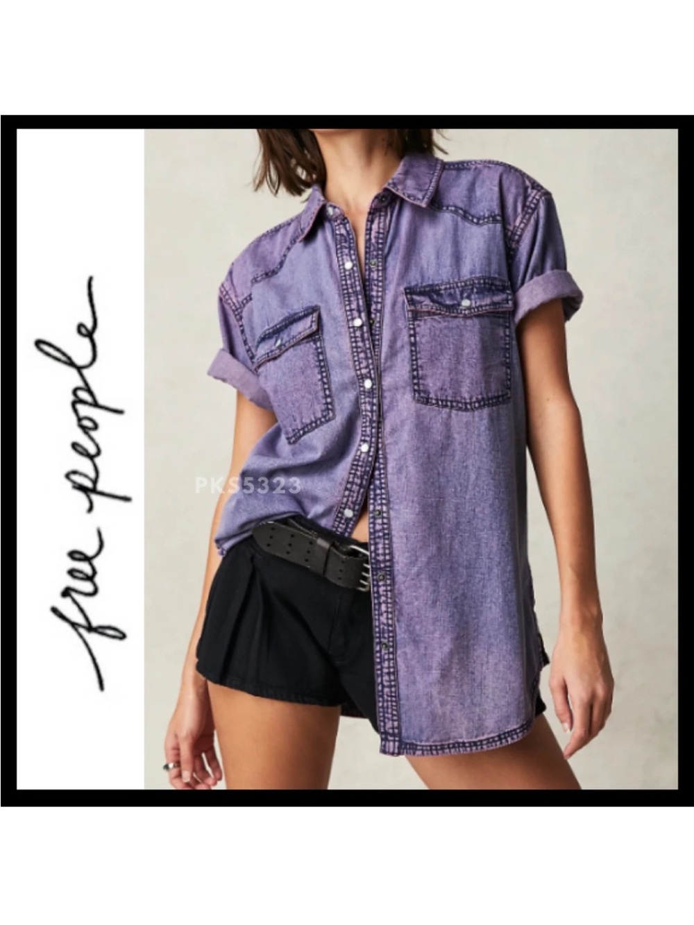 Free People We the Free the Short of It Lavender Washed Denim Shirt